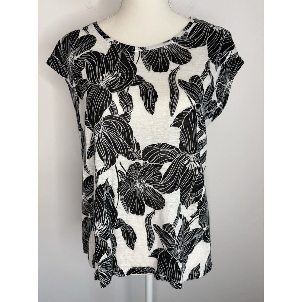 TAHARI 100% Linen Sleeveless‎ Shirt Women Size Medium Tropical Floral Natural